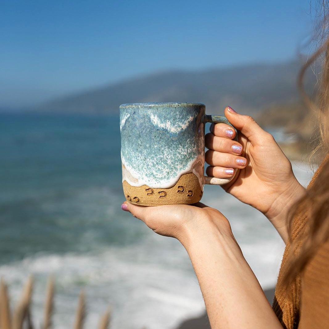 Handmade Horse Hoof Prints on the Beach Ceramic Mug: Ocean Shoreline Coffee/Tea Cup