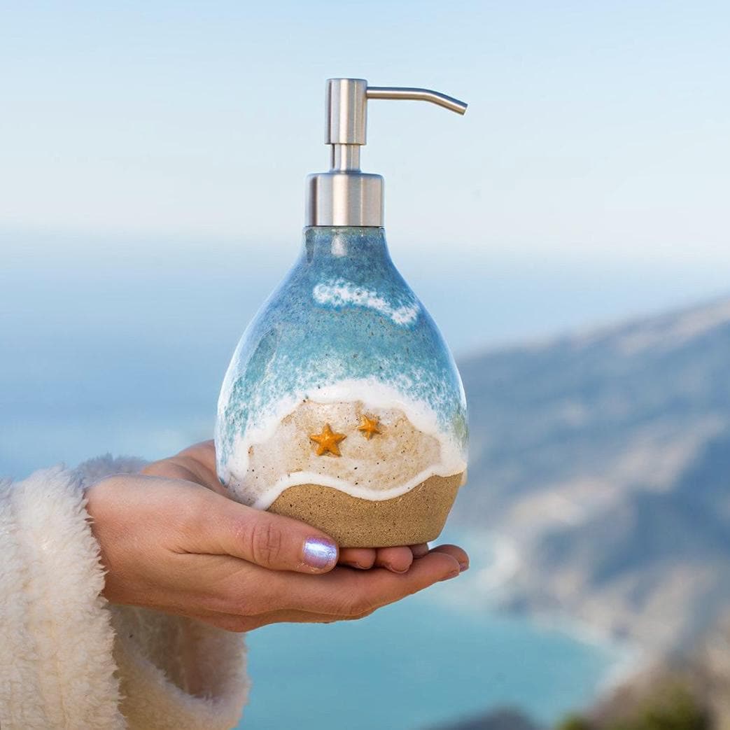 Starfish on the Beach Soap Dispenser - Handmade, Ceramic, Ocean Themed Kitchen/Bathroom Decor
