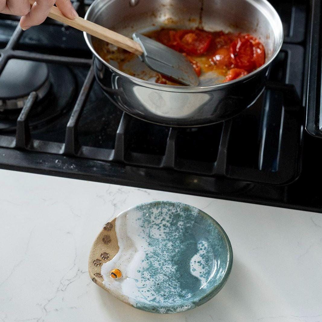 Paw Print Ocean Shoreline Spoon Rest - Handmade Ceramic Kitchen Accessories