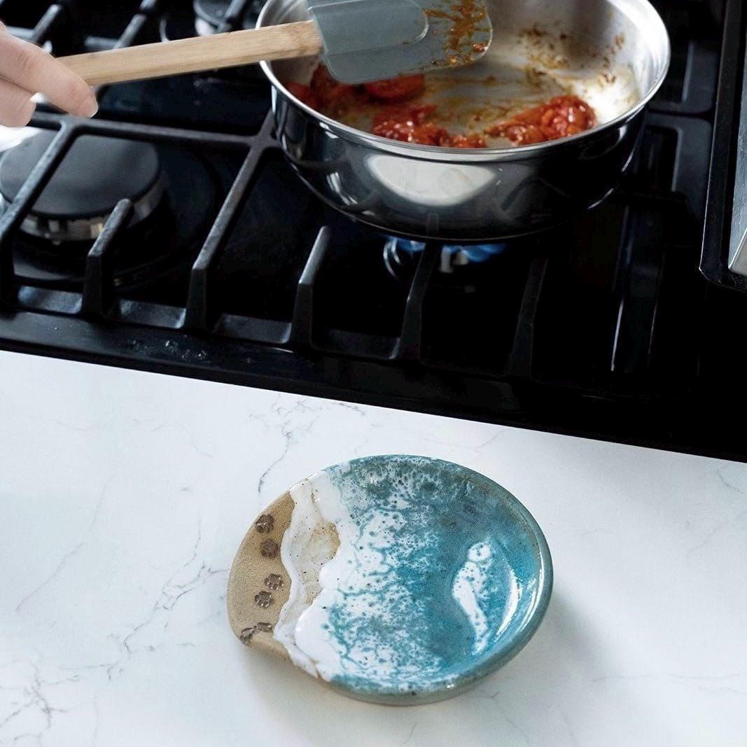 Paw Print Ocean Shoreline Spoon Rest - Handmade Ceramic Kitchen Accessories
