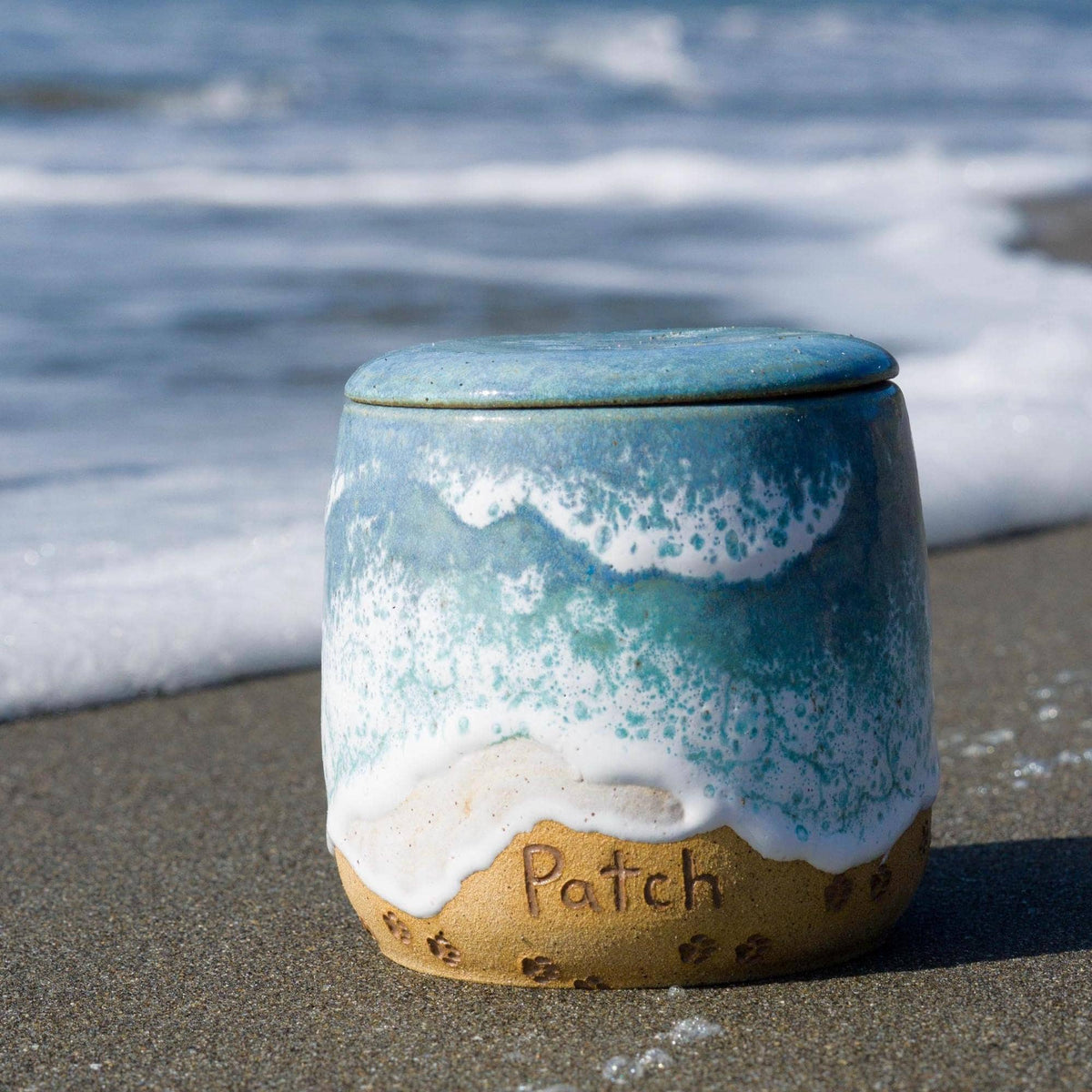 Personalized Paw Prints on the Beach Ceramic Pet Urn — Handmade Memorial with Ocean Waves
