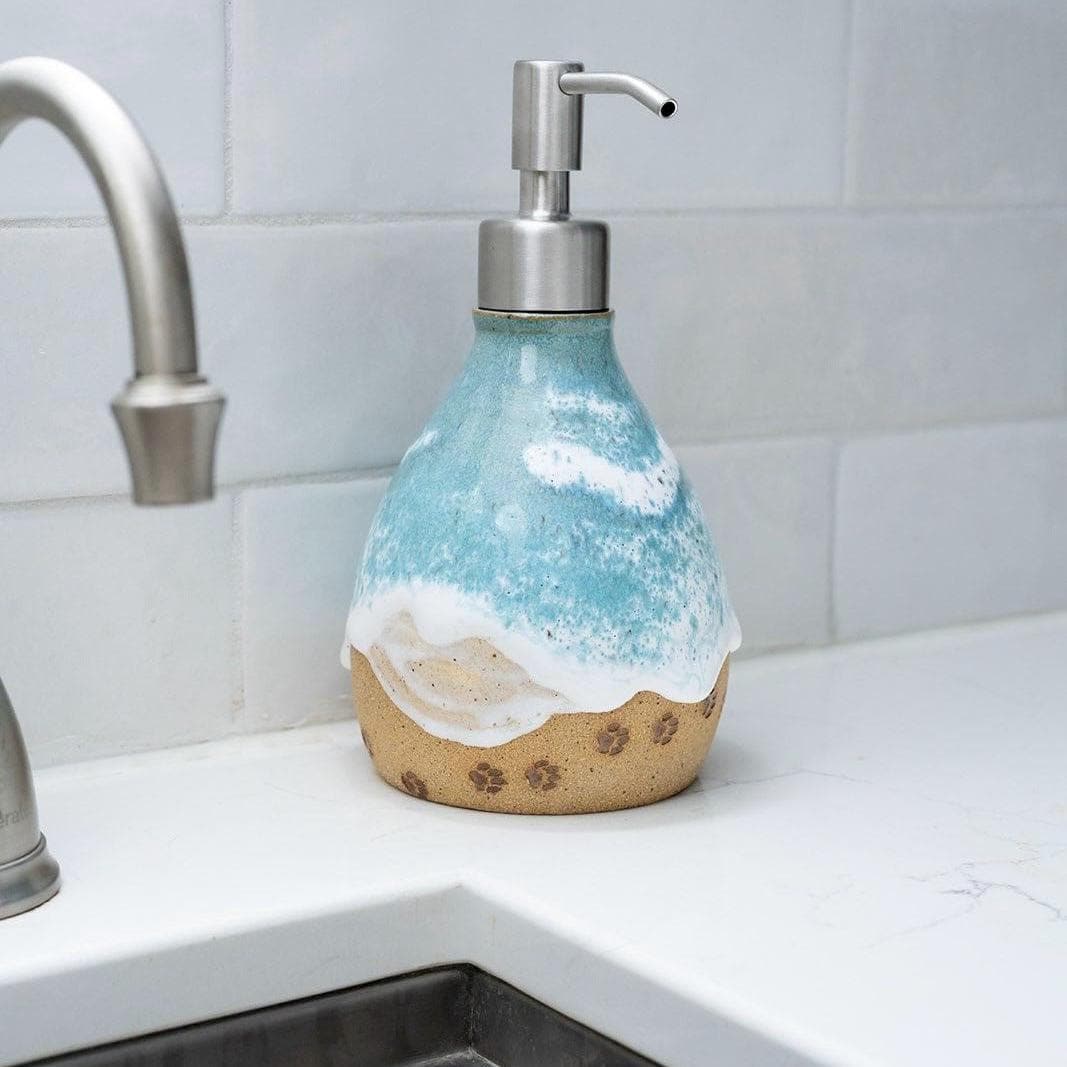 Paw Prints on the Beach Soap Dispenser - Handmade Ceramic Ocean Themed Kitchen/Bathroom Decor