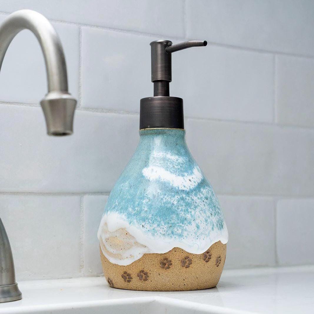 Paw Prints on the Beach Soap Dispenser - Handmade Ceramic Ocean Themed Kitchen/Bathroom Decor