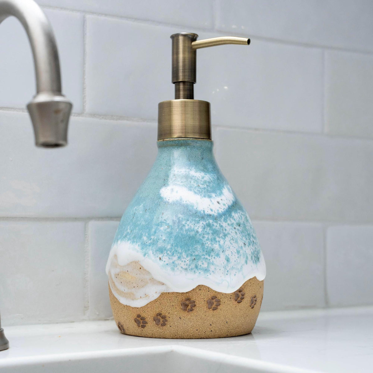 Paw Prints on the Beach Soap Dispenser - Handmade Ceramic Ocean Themed Kitchen/Bathroom Decor