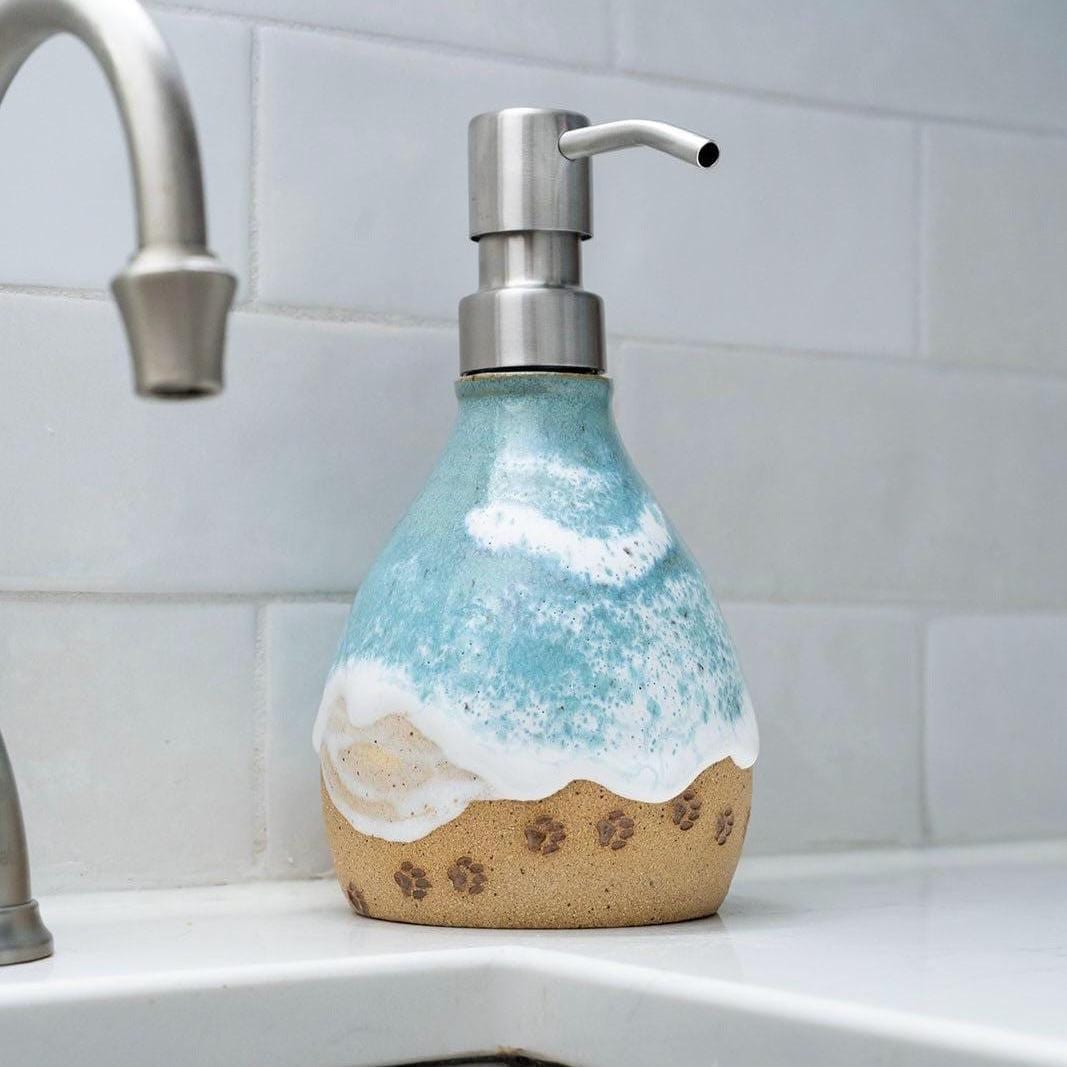 Paw Prints on the Beach Soap Dispenser - Handmade Ceramic Ocean Themed Kitchen/Bathroom Decor