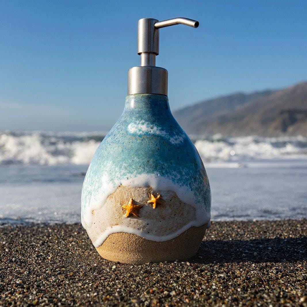 Starfish on the Beach Soap Dispenser - Handmade, Ceramic, Ocean Themed Kitchen/Bathroom Decor