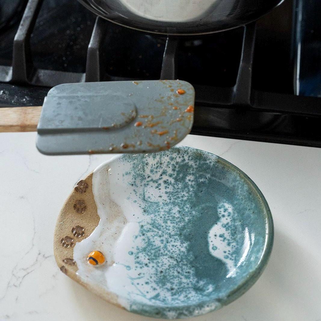 Paw Print Ocean Shoreline Spoon Rest - Handmade Ceramic Kitchen Accessories