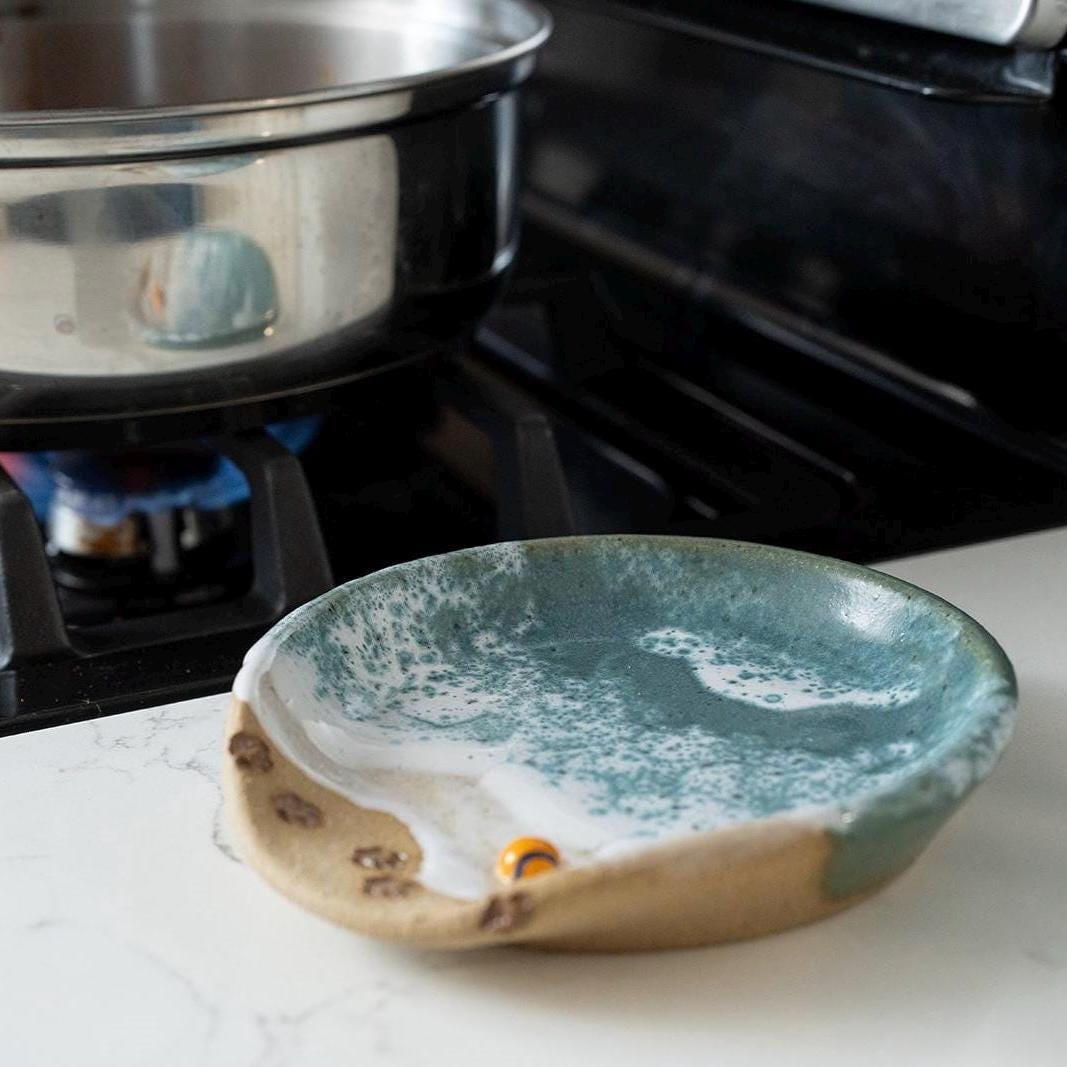 Paw Print Ocean Shoreline Spoon Rest - Handmade Ceramic Kitchen Accessories