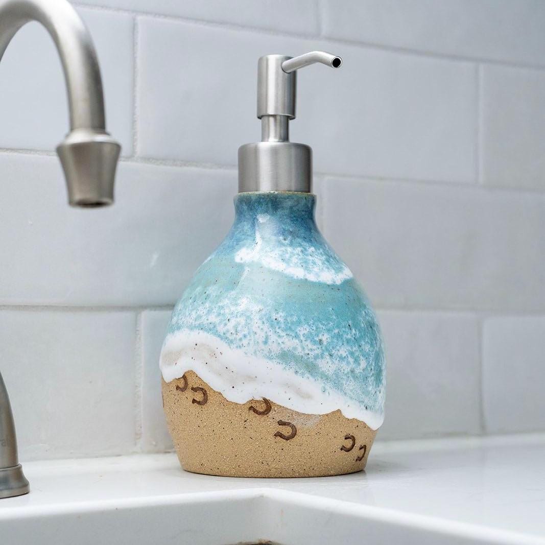 Horse Prints on the Beach Soap Dispenser - Handmade Ceramic Ocean Themed Kitchen/Bathroom Decor