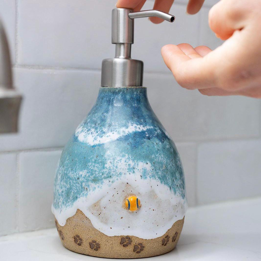 Paw Prints on the Beach Soap Dispenser - Handmade Ceramic Ocean Themed Kitchen/Bathroom Decor