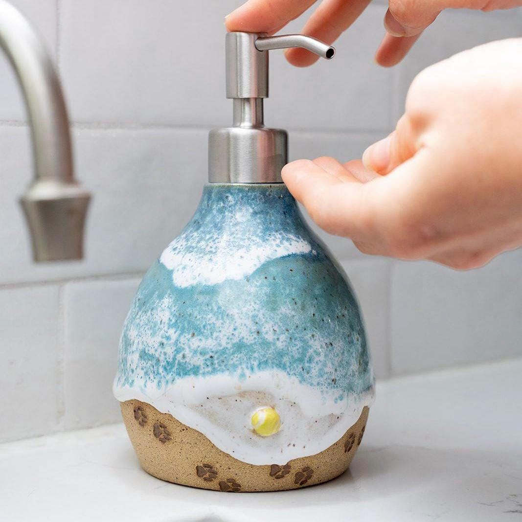 Paw Prints on the Beach Soap Dispenser - Handmade Ceramic Ocean Themed Kitchen/Bathroom Decor