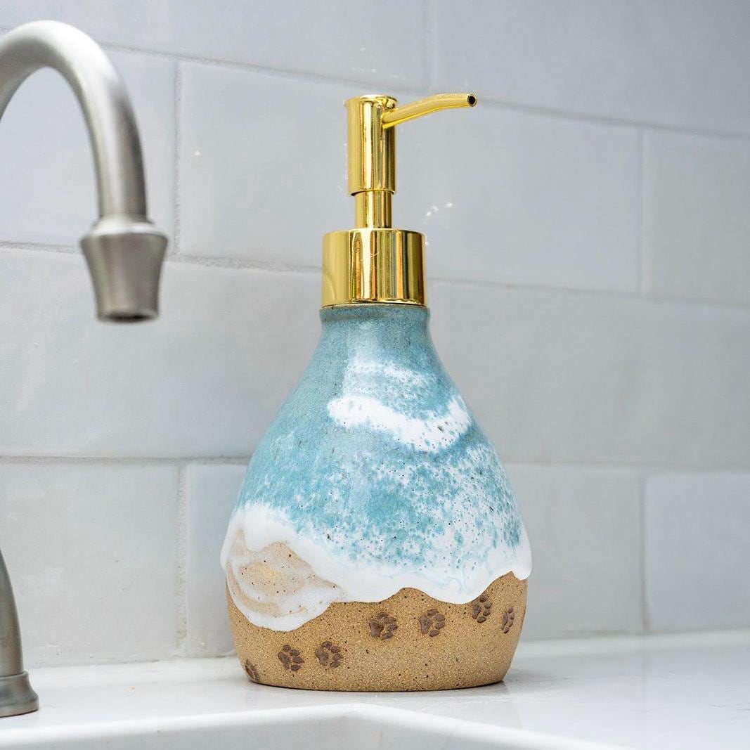 Paw Prints on the Beach Soap Dispenser - Handmade Ceramic Ocean Themed Kitchen/Bathroom Decor