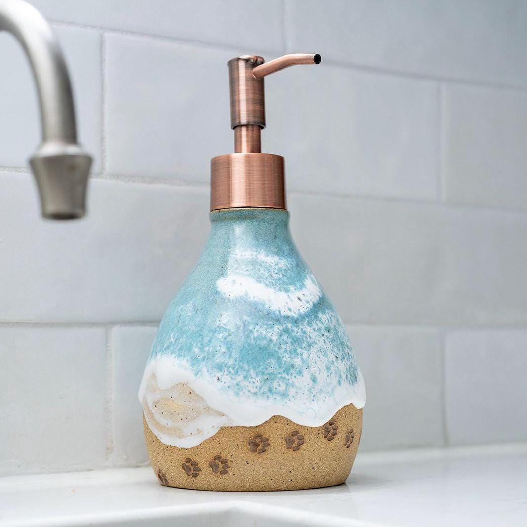 Paw Prints on the Beach Soap Dispenser - Handmade Ceramic Ocean Themed Kitchen/Bathroom Decor